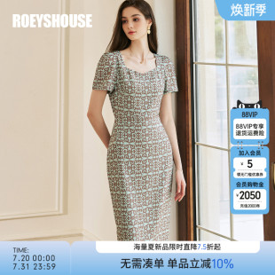 罗衣时髦印花修身 气质方领收腰中长裙10739 连衣裙女2025夏季 新款