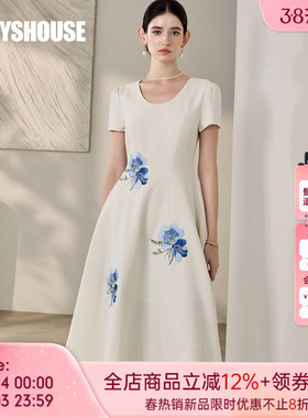 罗衣新中式中国风刺绣连衣裙女夏季优雅圆领米白色大摆裙子12156