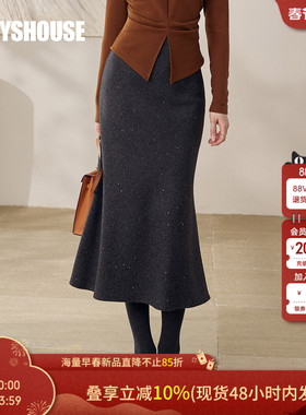 罗衣优雅女人味高腰毛呢半身裙女春灰色贵气感鱼尾摆包臀裙13141