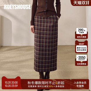 罗衣复古毛呢格子半身裙女2025秋冬新款 通勤高腰中长裙12748 时尚