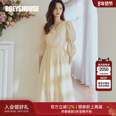 罗衣优雅气质灯笼袖 连衣裙女春季 度假风浅鹅黄大摆中长裙子07053