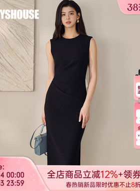 罗衣高级职业黑色针织连衣裙女春打底弹力修身开叉包臀长裙13382