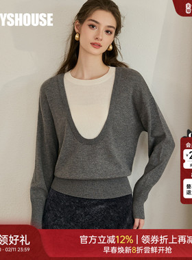 罗衣时尚假两件套头针织衫女2025秋冬新款高级通勤圆领毛衣11541
