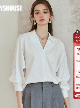 罗衣时尚通勤白色衬衫女夏季别致蝙蝠袖衬衣休闲宽松V领上衣10107