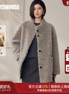 罗衣100%绵羊毛立领毛呢外套女冬淡人系大衣羊羔绒宽松皮草12946