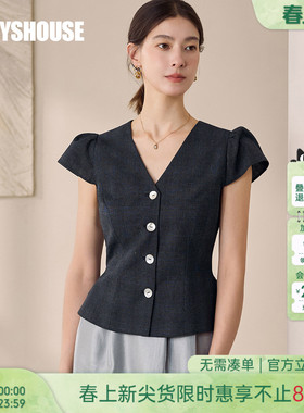 罗衣知性V领收腰格子衬衫女2025夏季新款气质法式泡泡袖上衣12117