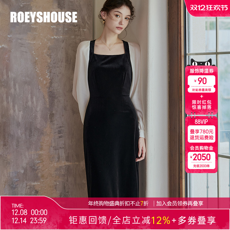 罗衣复古法式拼接丝绒连衣裙