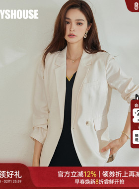 罗衣通勤休闲时尚亚麻西装外套2025秋季新款米白色翻领西服10453