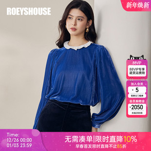 复古灯笼袖 女冬季 蓝色上衣13025 小众木耳边丝绒针织衫 罗衣法式