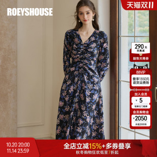 罗衣优雅印花抽褶连衣裙女2025秋装 气质V领肌理感中长裙11644 新款