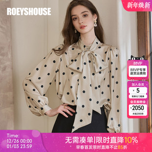 气质泡泡袖 罗衣法式 新款 女2025秋季 缎面上衣11742 波点飘带领衬衫