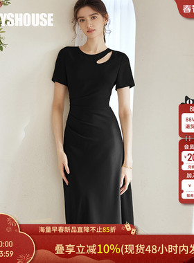 罗衣气质褶皱A摆黑色连衣裙女夏高级优雅镂空圆领短袖中长裙06671