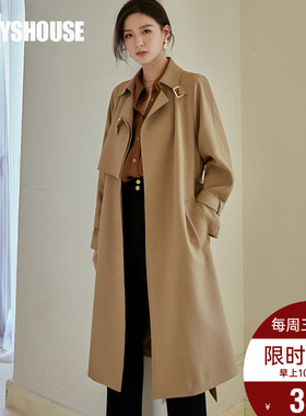 罗衣知性OL翻领风衣女2025秋冬新款英伦卡其色系带中长外套07316