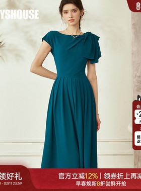 罗衣洋气百褶收腰连衣裙女2025夏季新款气质孔雀绿大摆裙子08674