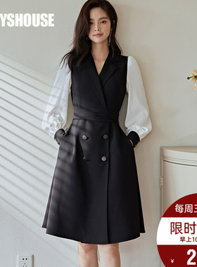 罗衣知性黑色西装连衣裙2022春装新款通勤拼接泡泡袖中长裙06050