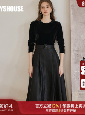 罗衣珍珠镶边丝绒拼接大摆连衣裙女春季黑色系带气质长裙11615