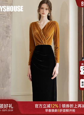 罗衣设计感拼接修身精致丝绒连衣裙女冬法式复古褶皱中长裙09600