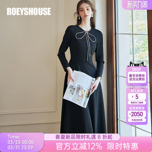 罗衣优雅蝴蝶结大摆连衣裙女春季 黑色内搭针织中长裙子09862 新款