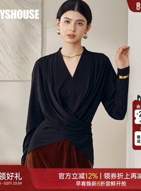 罗衣高级收腰黑色弹力针织衫女秋季通勤职业修身褶皱V领上衣12728