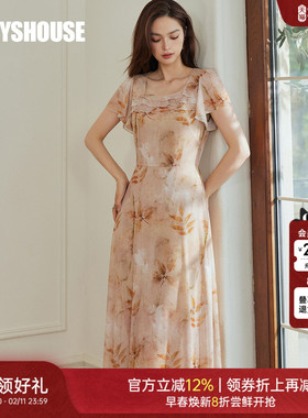 罗衣法式复古方领网纱连衣裙2024夏季新款气质泡泡袖收腰裙10663