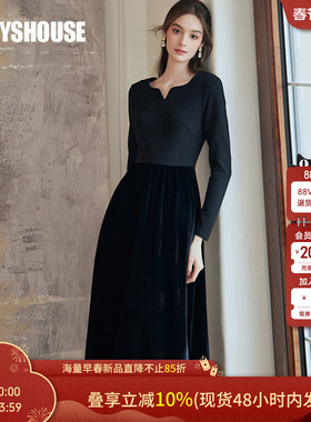 罗衣高级针织拼接丝绒连衣裙女2025秋冬新款黑色年会礼服裙09720