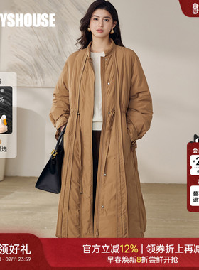 罗衣保暖抽绳收腰中长款鸭鸭羽绒服女冬卡其色外穿拉链外套13170