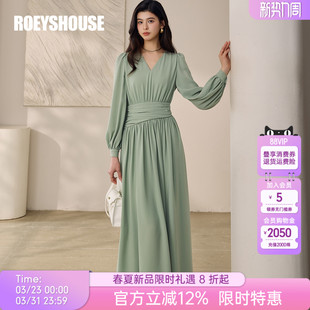 罗衣优雅V领泡泡袖 连衣裙女春收腰褶皱大摆绿色重要场合裙子13427