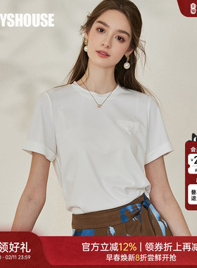 罗衣休闲圆领短袖T恤2025春季新款时尚百搭修身白色针织上衣10152