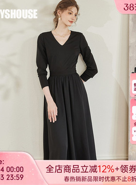 罗衣高级黑色显瘦大摆针织连衣裙女春季时尚通勤OL收腰裙子09244