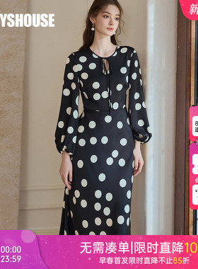 罗衣复古波点缎面连衣裙女2025秋装新款气质高级系带鱼尾裙11665