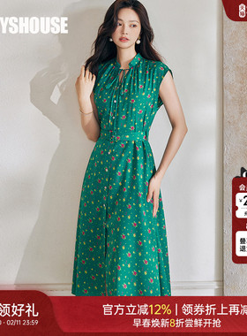 罗衣复古花色褶皱连衣裙女2025夏装新款设计感系带中长裙子08838