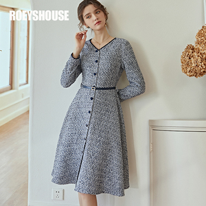 罗衣知性小香风V领收腰连衣裙女冬季时尚粗花呢亚麻大摆裙子05490