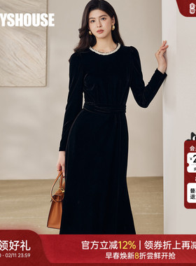 罗衣复古优雅黑色丝绒圆领连衣裙女春宴会收腰显瘦鱼尾长裙13149