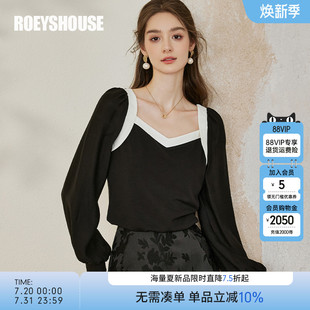 罗衣知性方领拼接衬衫 气质黑色衬衣百搭上衣10085 女2025秋装 新款
