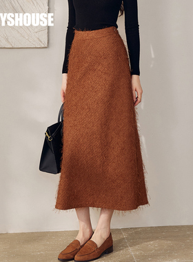罗衣复古焦糖色精致流苏半身裙女早春显瘦显高A字摆中长裙子13188