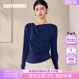 长袖 时尚 针织衬衫 新款 宝蓝色斜领上衣12581 女春季 罗衣气质修身