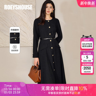 罗衣高级肌理感黑色收腰连衣裙女秋冬系带大摆圆领内搭裙子12807