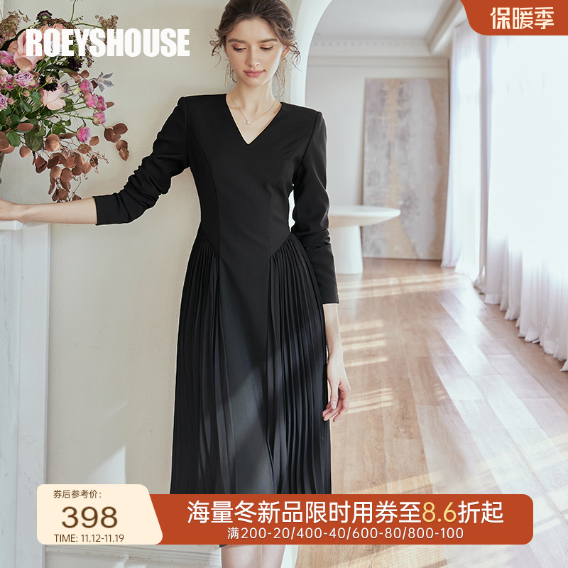 罗衣知性雪纺拼接连衣裙女2023秋装新款优雅大摆黑色中长裙07029