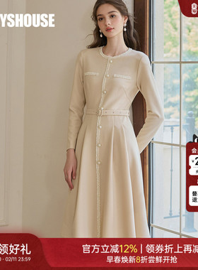 罗衣法式系带收腰大摆杏色连衣裙春季拼接香风针织中长裙子11577