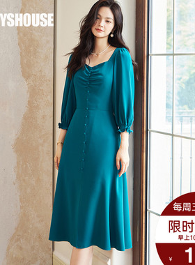 罗衣气质孔雀绿灯笼袖连衣裙2025春季新款法式方领大摆裙子08956