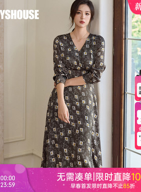 罗衣复古花色缎面连衣裙2025秋季新款气质收腰大摆中长裙子10941