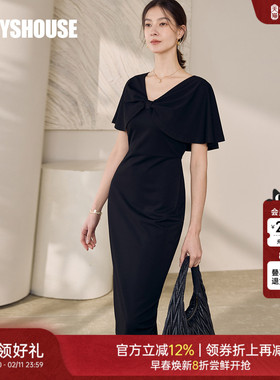 罗衣优雅V领针织连衣裙2025夏季新款气质修身收腰褶皱中长裙11998