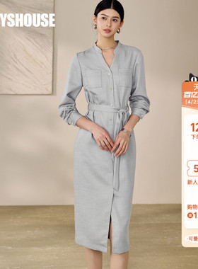 罗衣通勤收腰系带衬衫女春季连衣裙气质V领长袖开叉中长裙子12528