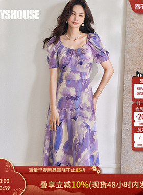 罗衣法式甜美收腰连衣裙女2025夏季新款高级缎面系带大摆裙08964