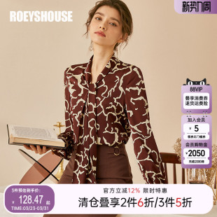 罗衣气质通勤系带领缎面衬衫 衬衣上衣03159 女春知性花色宽松长袖