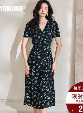罗衣法式V领系带连衣裙女2024夏季新款洋气花色修身中长裙子08832
