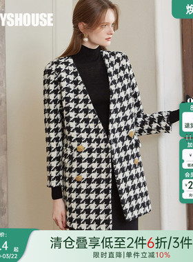 罗衣复古30%绵羊毛毛呢外套女2025冬老钱风千鸟格毛呢中长款09804