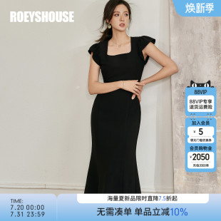罗衣优雅方领修身 气质黑色收腰鱼尾裙10788 连衣裙女2025夏季 新款
