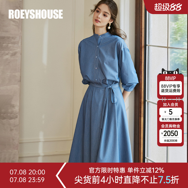 罗衣时尚牛仔蓝系带连衣裙