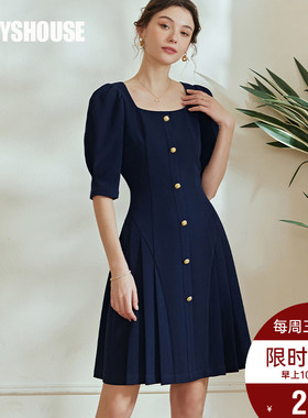 罗衣知性方领泡泡袖连衣裙女2025夏装新款深蓝色通勤百褶裙08173